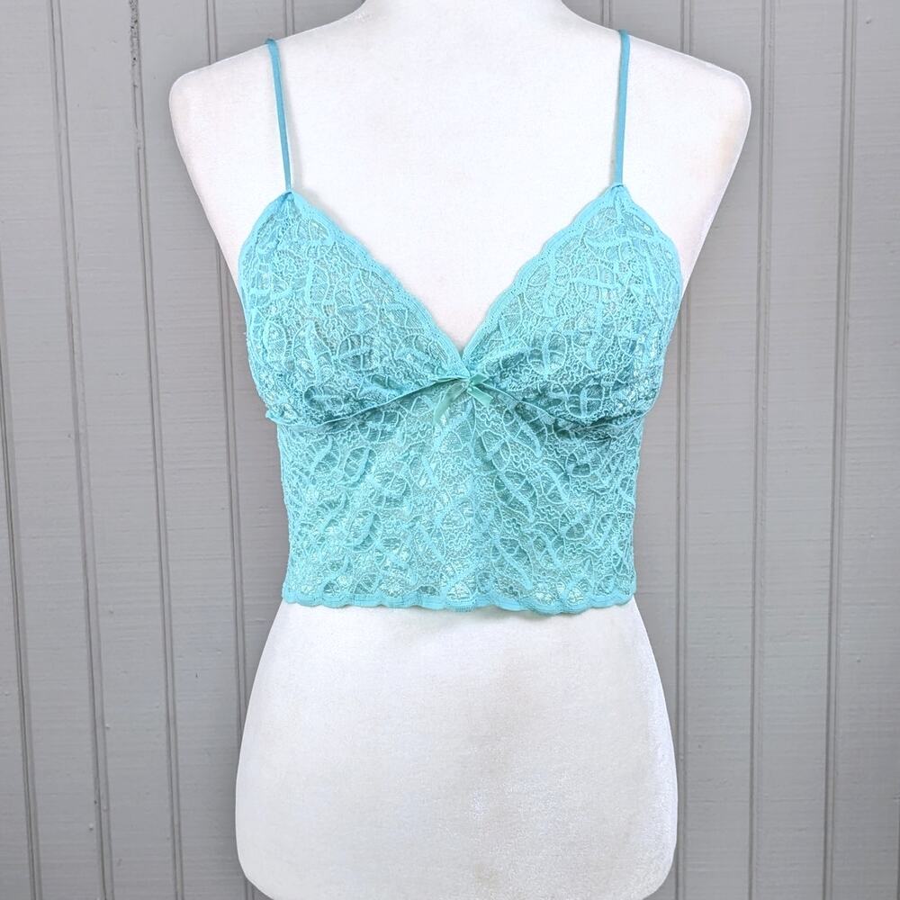 Vintage 70s/80s Alana Gale Light Blue Lace Sheer Lingerie Cropped Bralette Cami